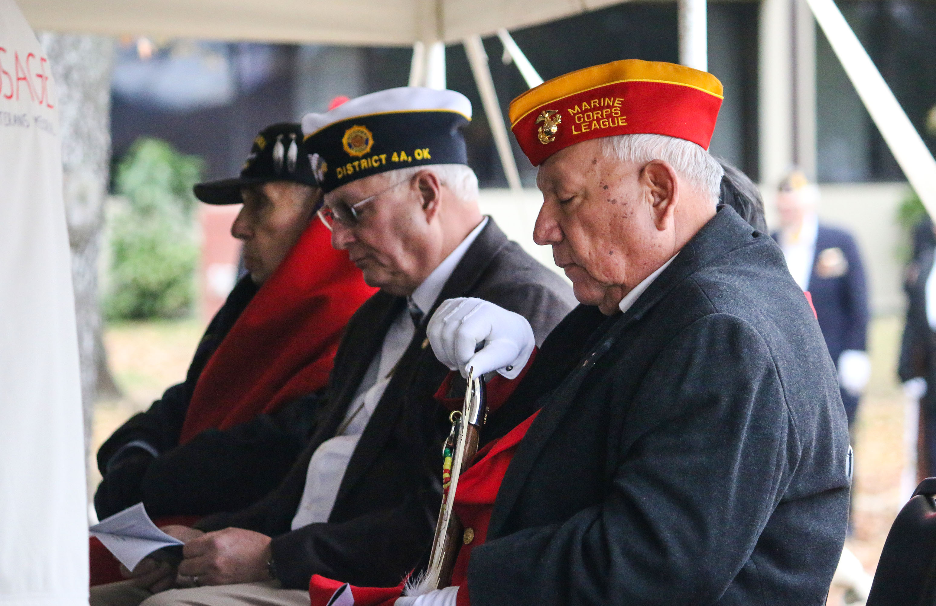 Osage Veteran Memorial Commission members Richard Luttrell Sr., Richard Perrier and John Henry Mashunkashey at the Osage Veterans Memorial Dedication on Veterans Day, Nov. 11.  Photo: Shannon Shaw Duty. Image courtesy of Osage News. Osage Veteran Memorial Commission members Richard Luttrell Sr., Richard Perrier and John Henry Mashunkashey at the Osage Veterans Memorial Dedication on Veterans Day, Nov. 11.  Photo: Shannon Shaw Duty. Image courtesy of Osage News.