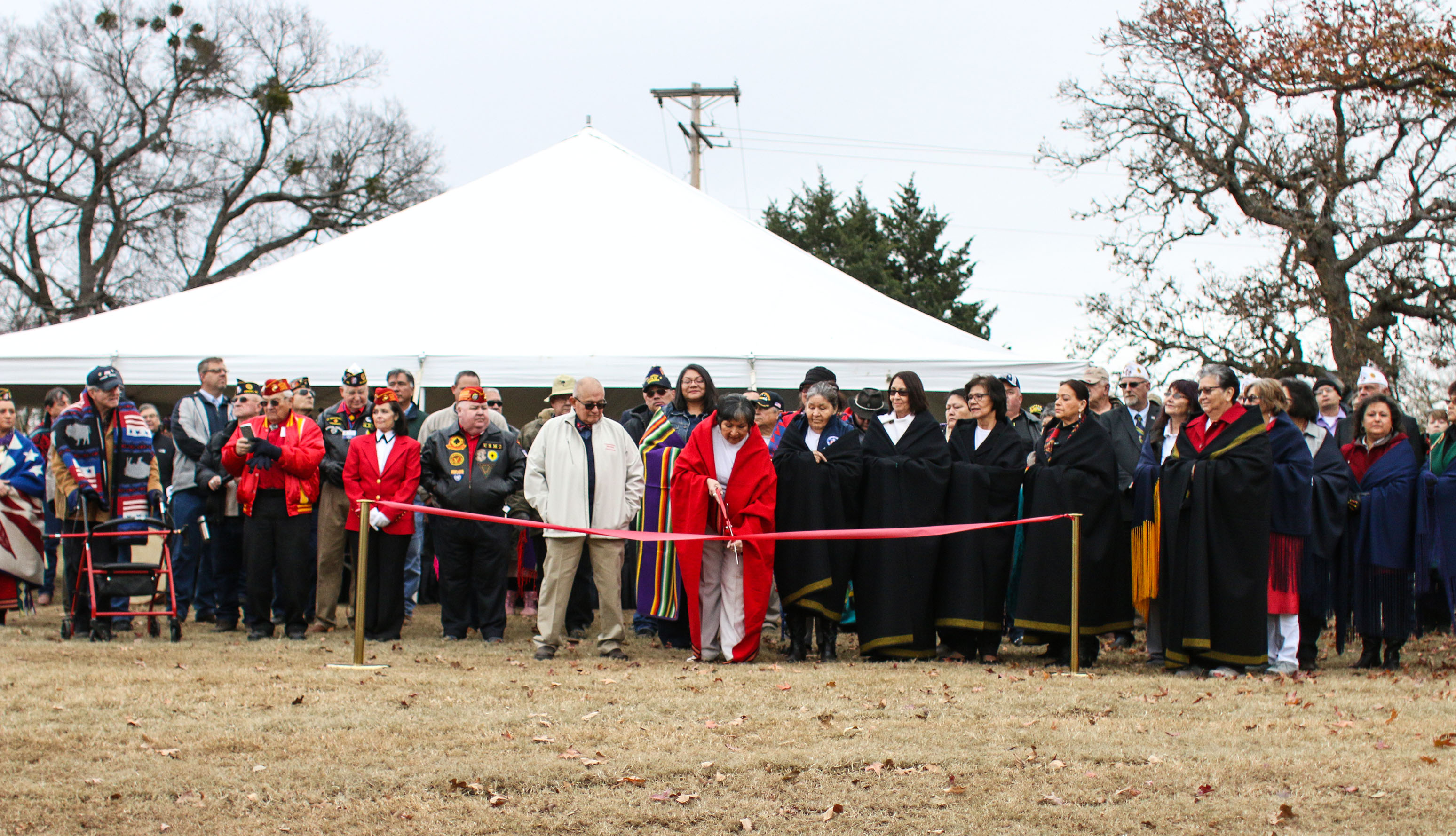 Frances Williams cutting the ribbon at the dedication of the Osage Nation Veterans Memorial, November 11, 2018. Photo: Shannon Shaw Duty. Image courtesy of Osage News. Frances Williams cutting the ribbon at the dedication of the Osage Nation Veterans Memorial, November 11, 2018. Photo: Shannon Shaw Duty. Image courtesy of Osage News.