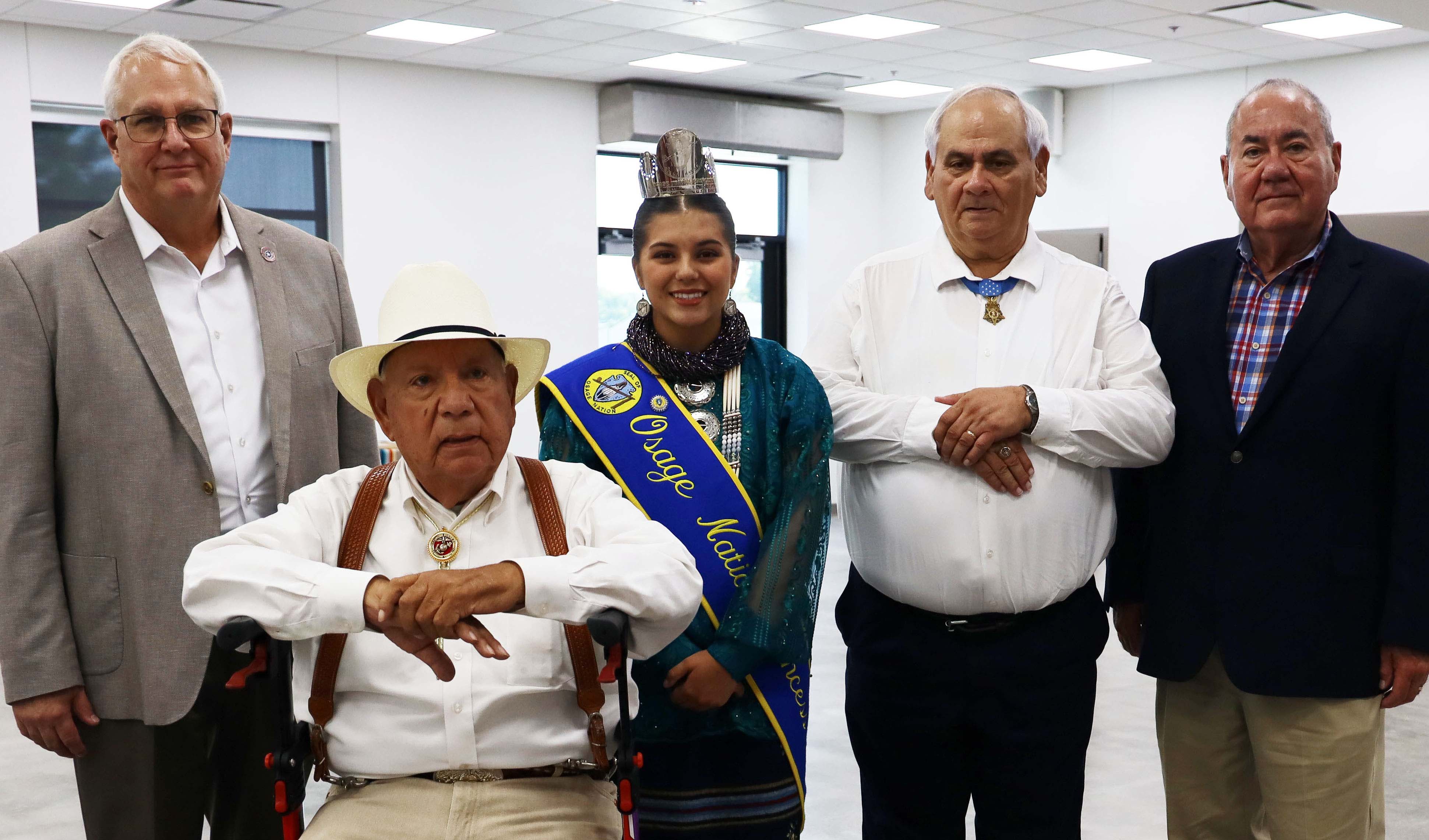 Chief Richard Perrier, John Henry Mashunkashey, Lulu Goodfox, Congressional Medal of Honor Recipient Dwight Birdwell and Chief Geoffrey Standing Bear.  Wakon Iron, July 2023. Photo: Wahzhazhe Communications. Chief Richard Perrier, John Henry Mashunkashey, Lulu Goodfox, Congressional Medal of Honor Recipient Dwight Birdwell and Chief Geoffrey Standing Bear.  Wakon Iron, July 2023. Photo: Wahzhazhe Communications.