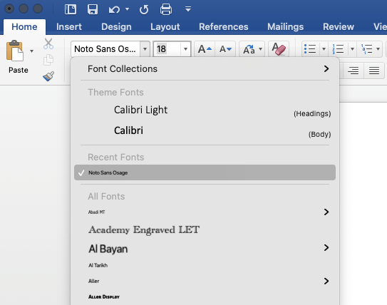 Selecting a font in Microsoft Word